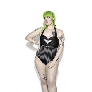 Nwt BLACKCRAFT CULT Sz L Never Trust The Living Black Gothic Halter Swimsuit